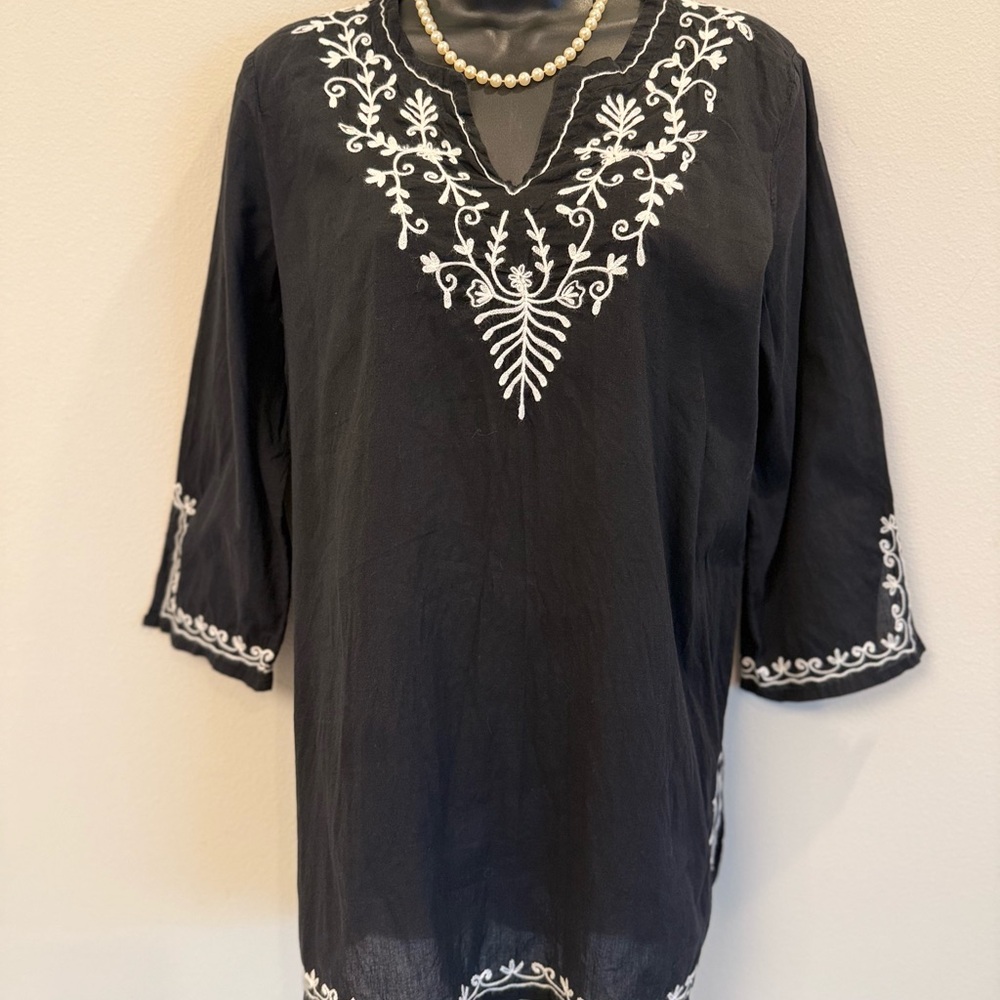 Black Boho Embroidered V-neck Tunic Shirt/Cover-up Size S